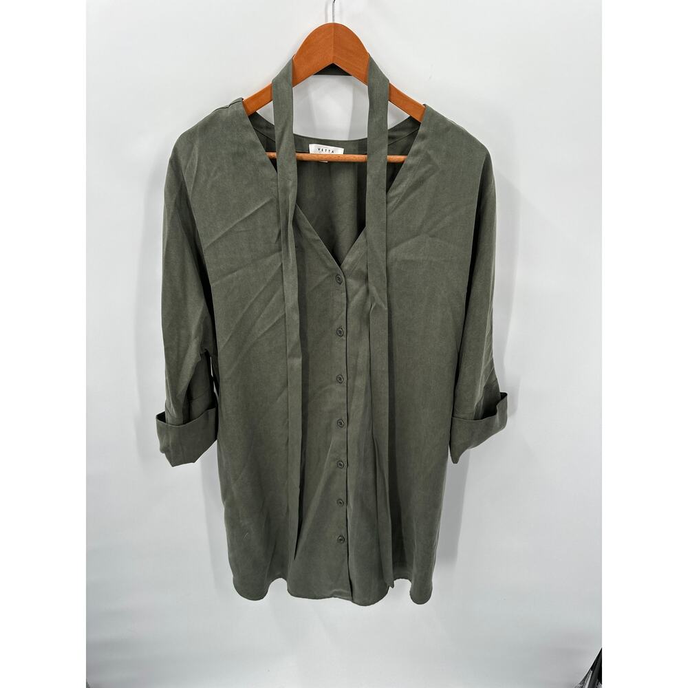 VETTA Tencel Button Down The Boyfriend Shirt Dress in Olive Green // S - Picture 12 of 15